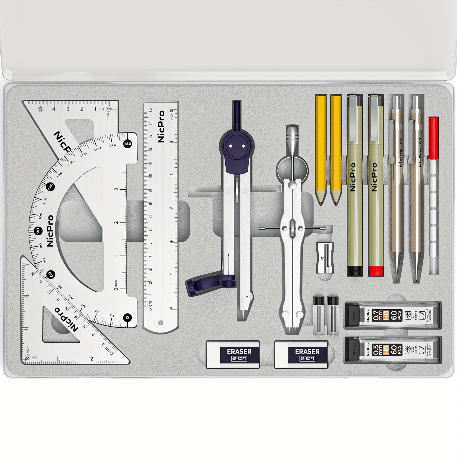 TEMU Nicpro 20pcs Professional Geometry Set With Case, Geometry Kit With Metal Rulers And Compasses, Protractor, Pencils, Lead Refills, Drawing