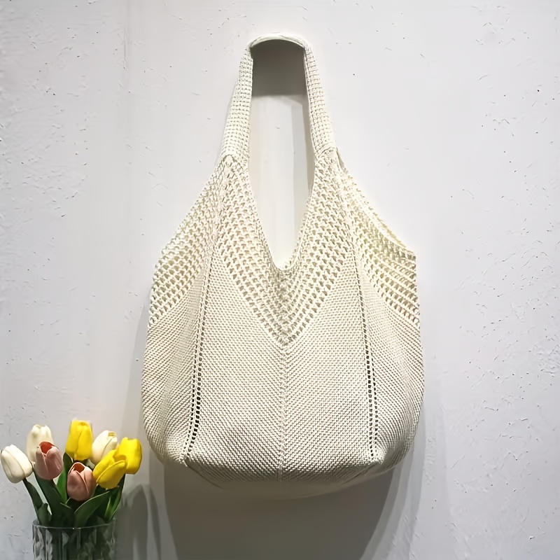 Vintage Crochet Handbag - Fiber Woven Shoulder Bag, Lightweight And Durable, Suitable for Travel, Beach, And Daily Use - Women'S Fashion Accessory - Semi-Hollow Hexagon