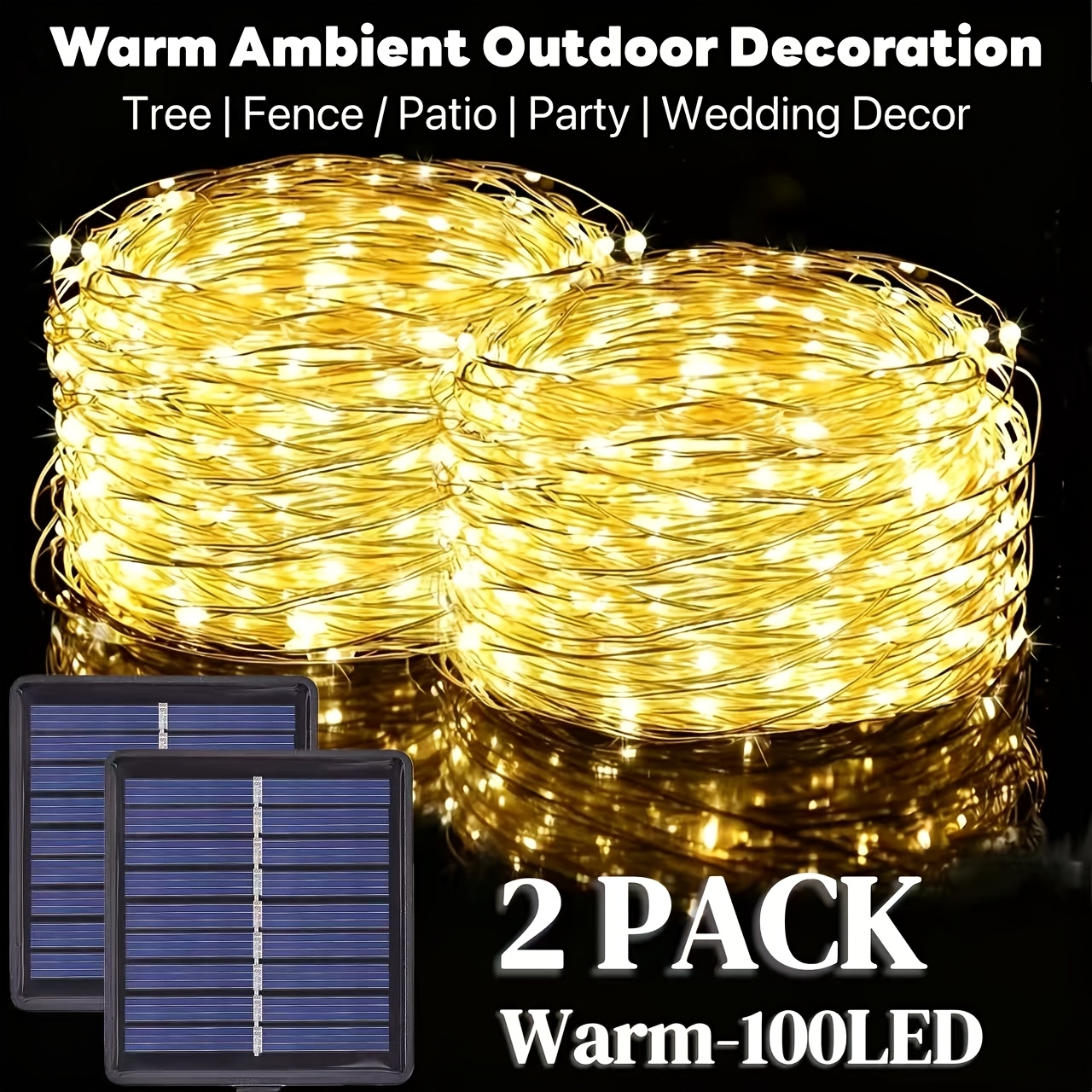 TEMU 2pack, Outdoor Solar-powered Copper Wire String Lights For , Warm- Lighting Strips, 8 Lighting , Suitable For Decorative Lighting In Courtyards,