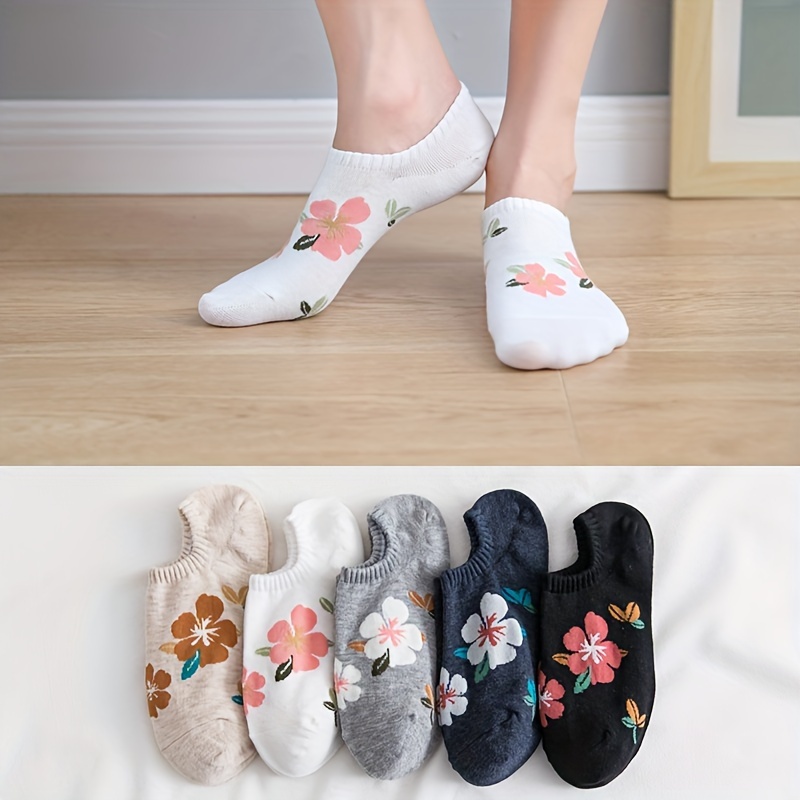 

5 Pairs Women's Fashion No-show Socks, Peach Blossom Series, Invisible Low-cut Liner Socks In Assorted Colors