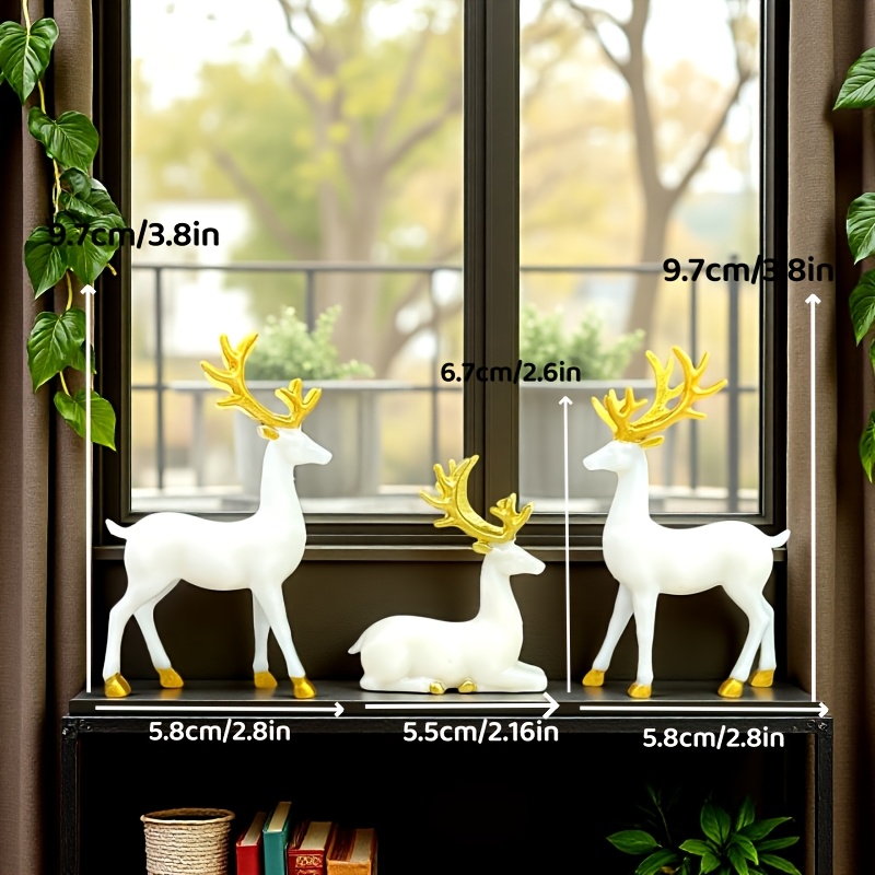 TEMU 3pcs Elegant Sculptures With , Resin Standing And Lying Reindeer Family Figurines, Luxury Desktop Decor For Mantel, Bookshelf, Console Table,