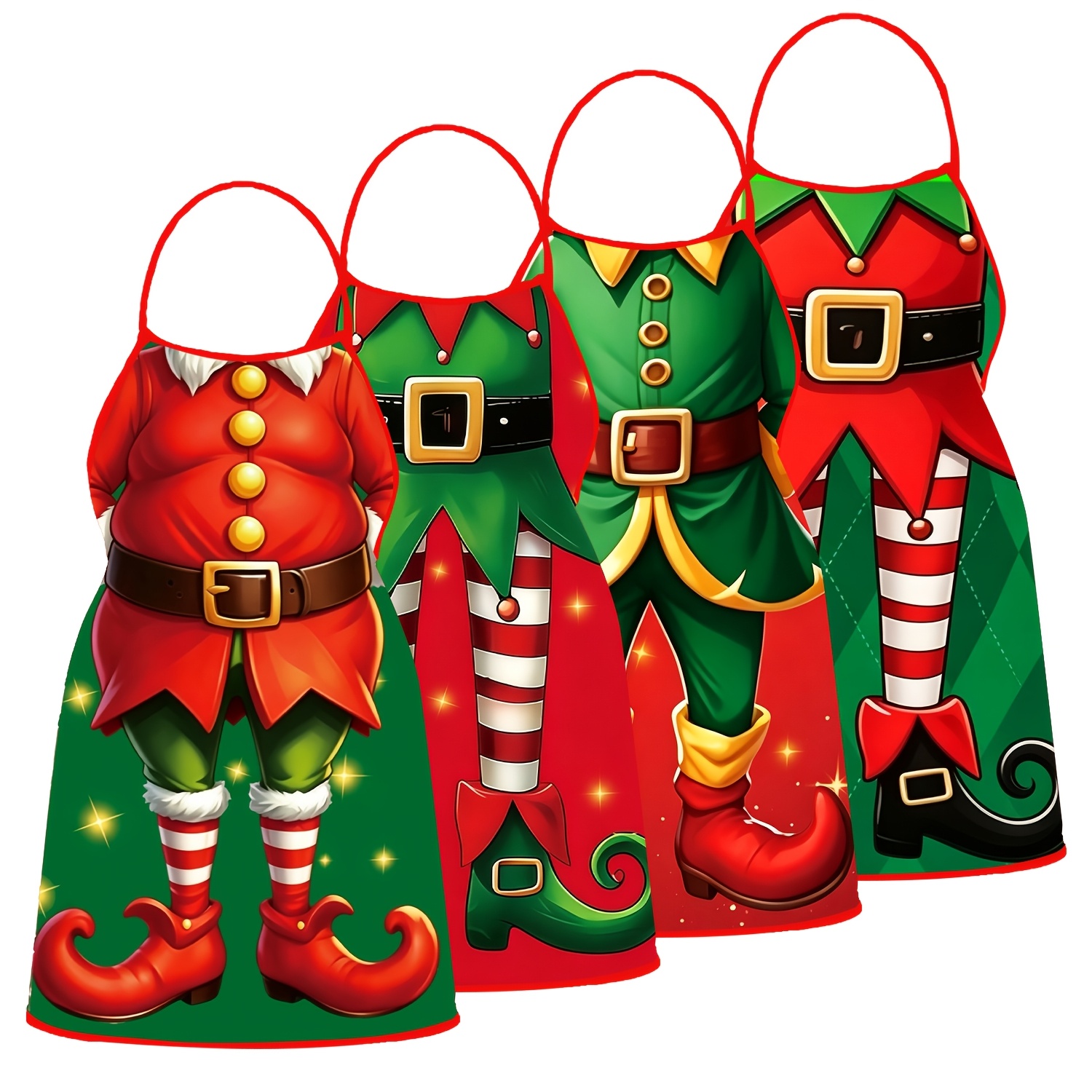 TEMU 4pcs Pack Christmas Elf Aprons Suitable Cooking, Bbq & Holiday Parties - Green & Red Chef Apron With Elf Print, Bibs For &, Festive Gift For