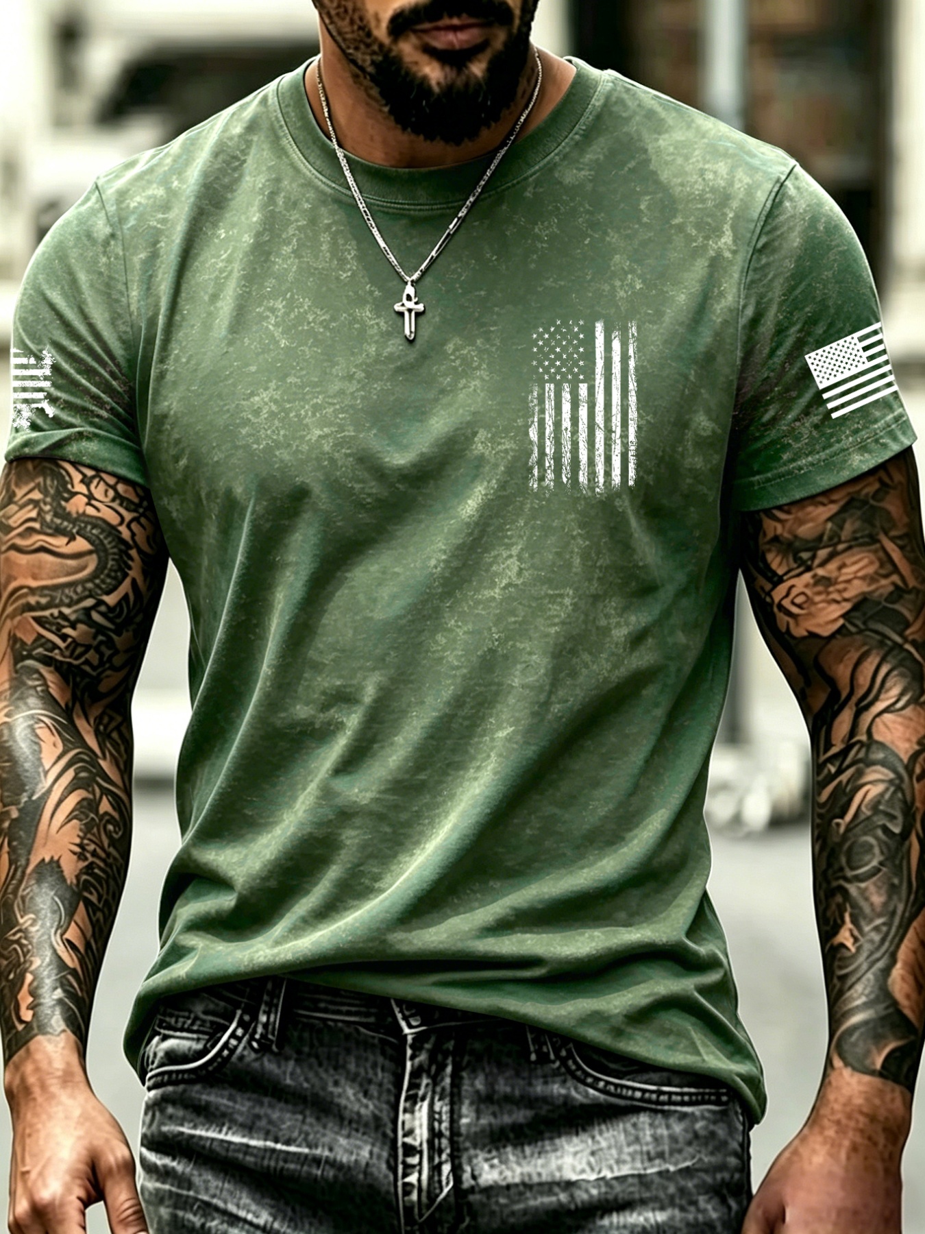 item picture vintage distressed vertical stripe   double sleeve patch short sleeve mens regular fit washed casual t shirt