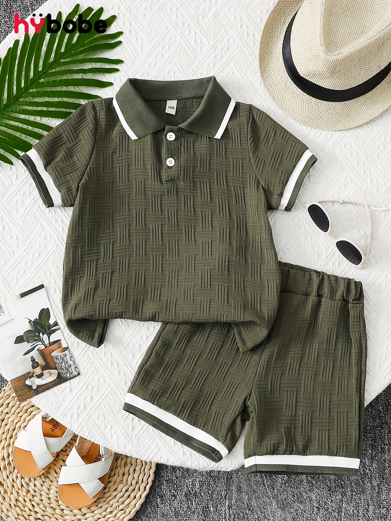 boys summer casual shorts set olive green solid color half open   t shirt matching shorts set lightweight comfortable versatile and trendy sportswear for summer vacations suitable for outdoor sports and daily wear