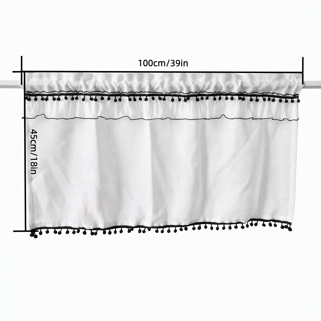 TEMU 1 Panel White Rod Filtering Cafe Curtain Black Pom Pom Trim Spliced Short Window Curtain For Bedroom Window Decor