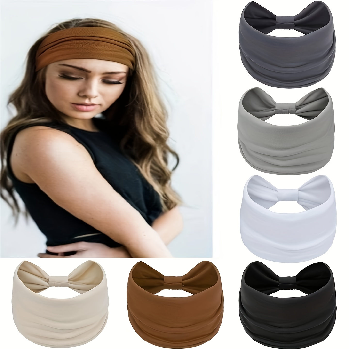 

6pcs/pack Women's Wide Headbands, Solid Color Knot Turban, Large Boho Style Hair Accessories, Yoga Running Sport, Multi-functional Hair Bands