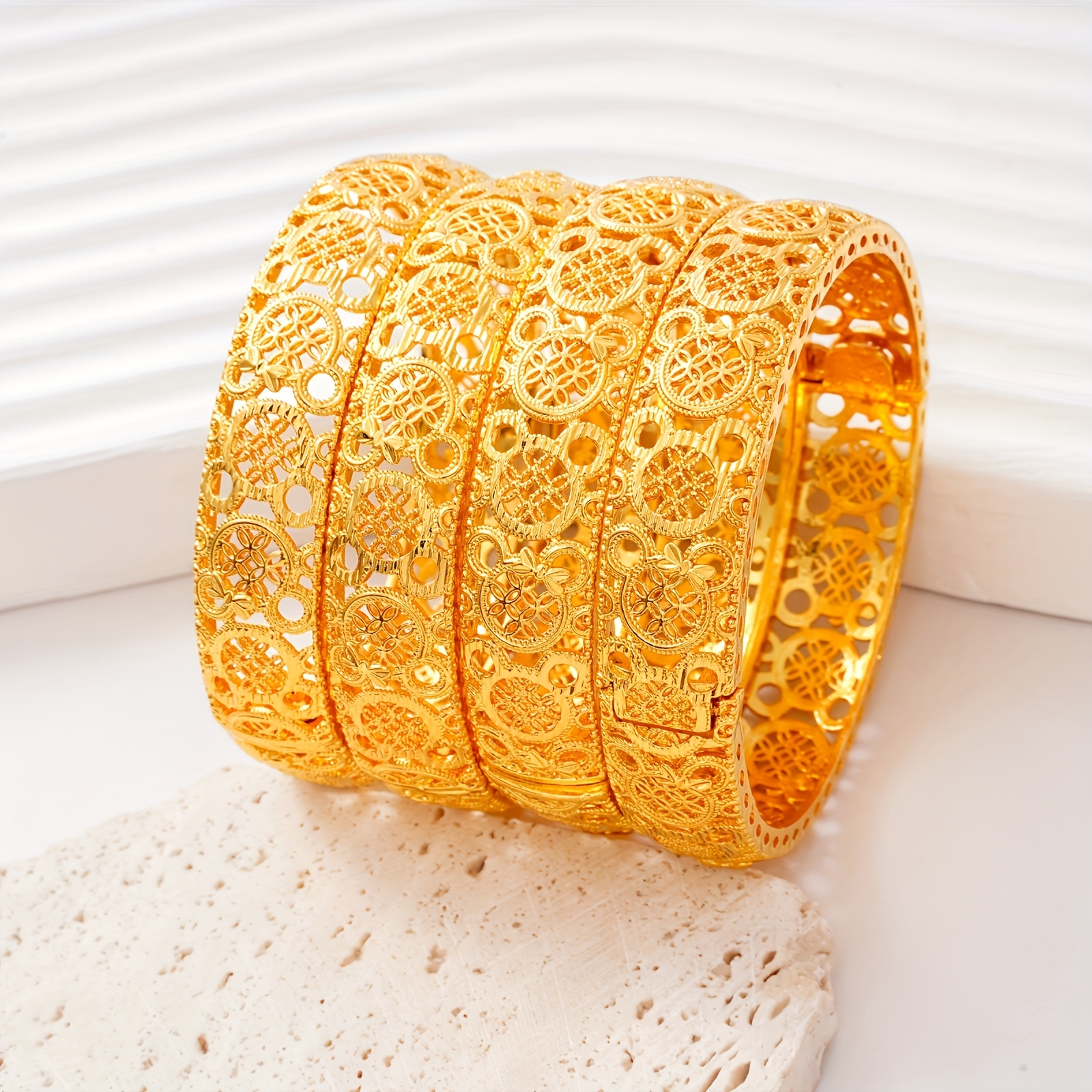 TEMU 4pcsgolden Open Bracelet Elegant Hollow Carved Design Holiday Gift Women's Fashion Dubai Bride Hand Ornament European And American Ethnic Style