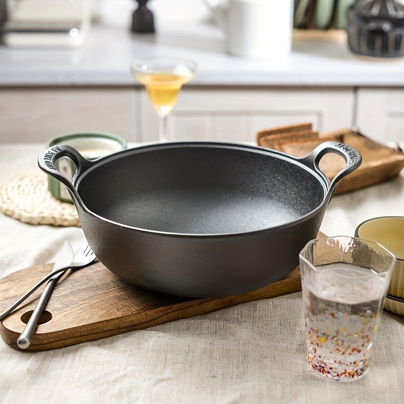 Image of 20cm Cast Iron Wok (with Ring Handle) - Pre- Flat Bottom Wok, Suitable For Induction, Gas, Electric, Oven And Grill, Without Lid, Ideal For Indoor/outdoor Camping And , Ergonomic Cookware