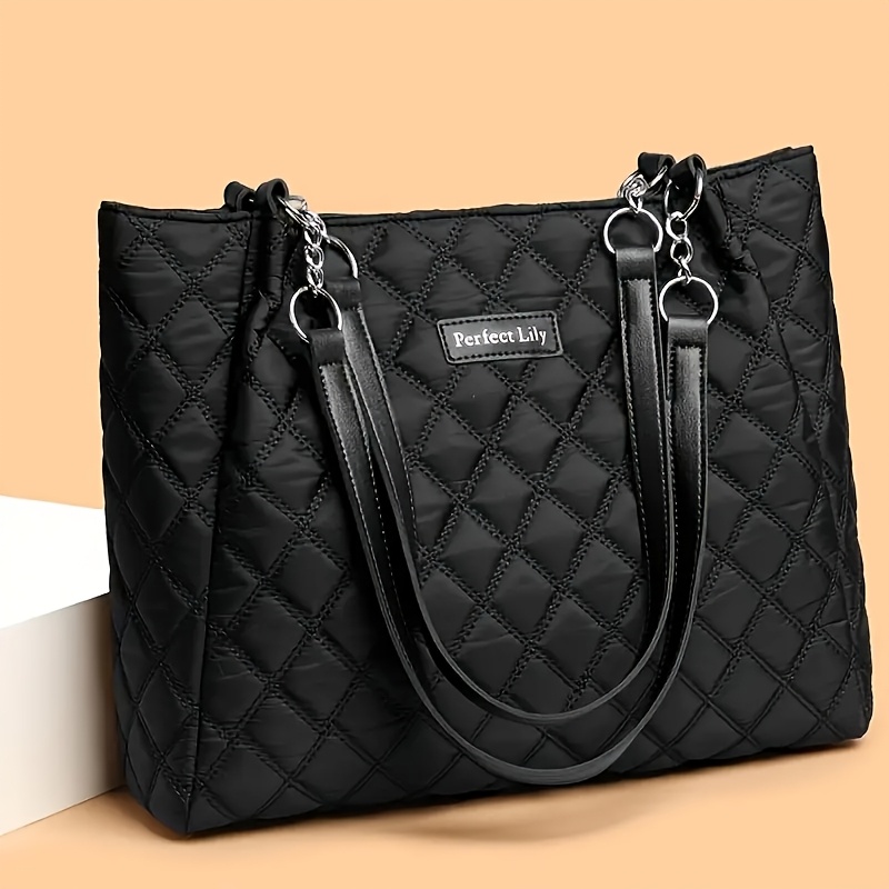 TEMU Women's Rhombus Quilted Shoulder Bag, Large-capacity Commuter Tote Bag, Chain-spliced Shoulder Strap Casual Carry-on Bag, Soft, Tough,