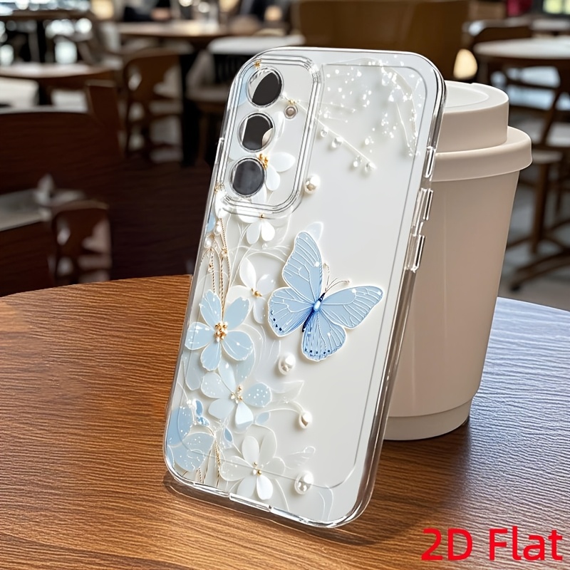 TEMU Phone Case: Simple And Stylish Transparent Phone Case With Light Blue And White Floral Pattern. Suitable For , A5, A3, A02, A34, A13, A14, A32,