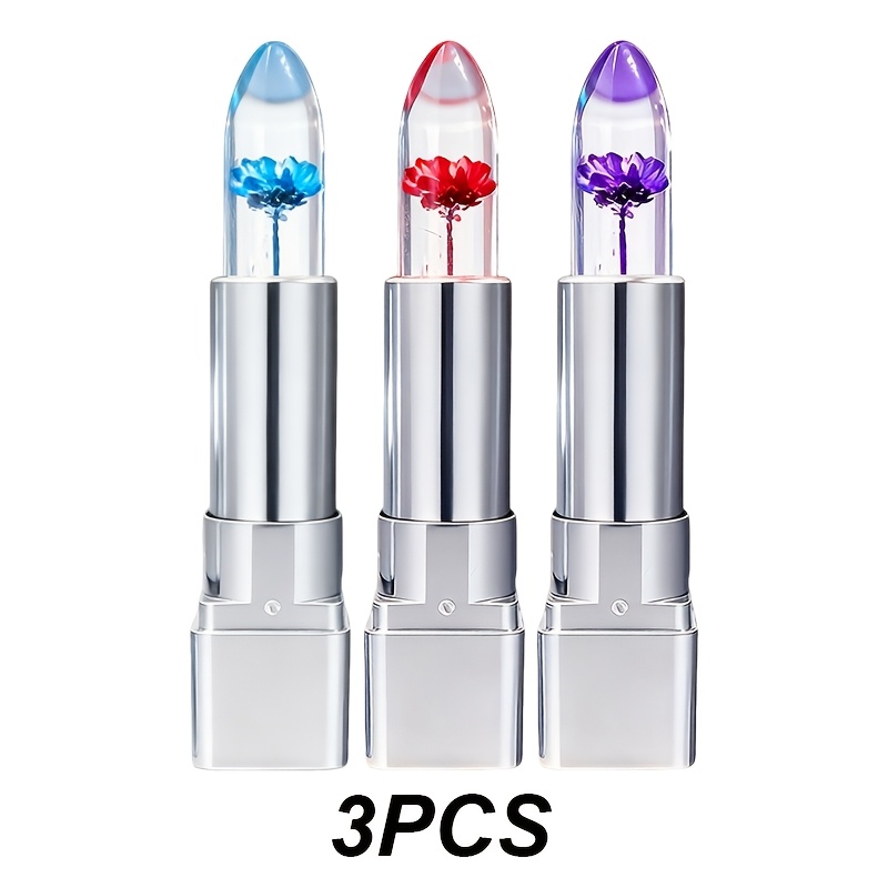 Image of 3pcs Petal Flowers Jelly Color Changing Lip Balm Lipstick, Jelly Color Changing Lip Balm, Moisturizing, Smooth Glossy Lips, Transparent And Temperature Changing