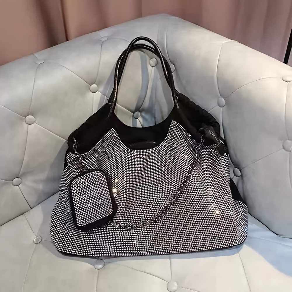 TEMU Damenmode Retro Strass Tote Bag Weiche Leichte Reisetasche Großes Fassungsvermögen Elegante Pendler Voll Diamant Schulter Körper Tasche