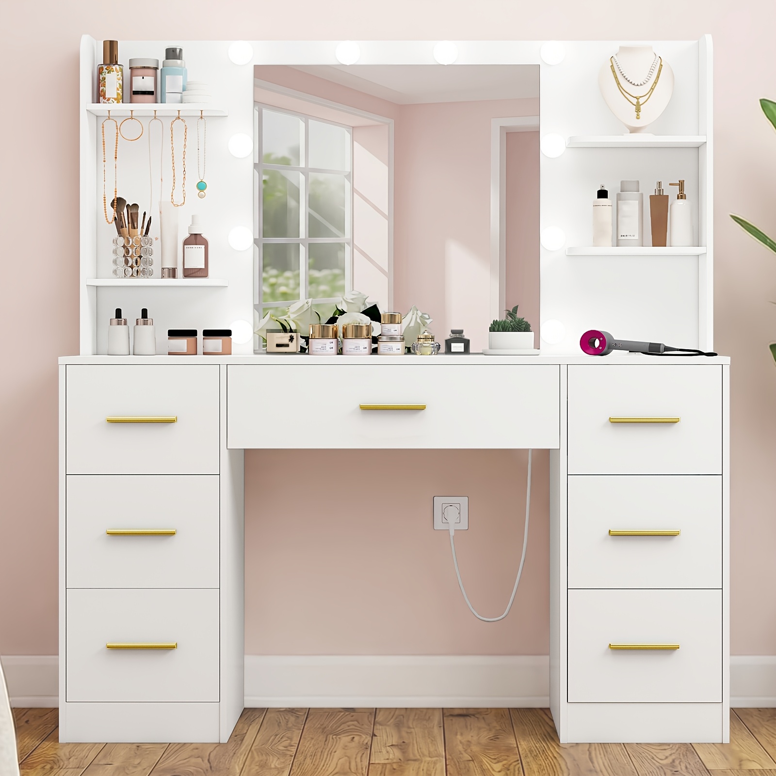 TEMU Dressing Table With Led Lighted Mirror And Power Outlet, Dressing Table With 7 Drawers, 4 Shelves And 5 Hooks, Vanity Table, Dressing Table Set