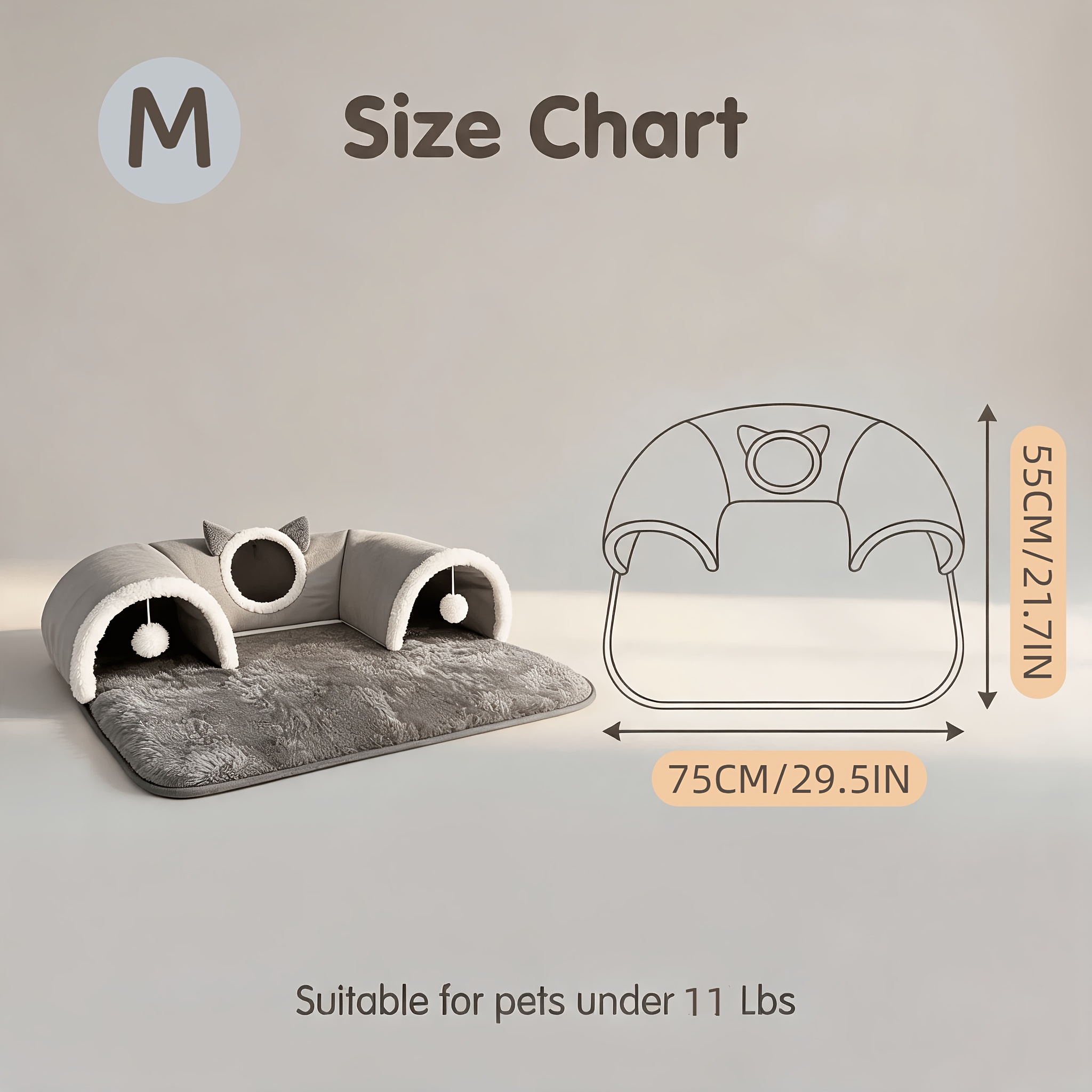TEMU Cat Bed And Tunnel 2-in-1 Interactive Cat Nest Plush Cat Bed With Teaser Ball, Gray Cat Hideaway House, Removable And Washable Thick Pet Mat