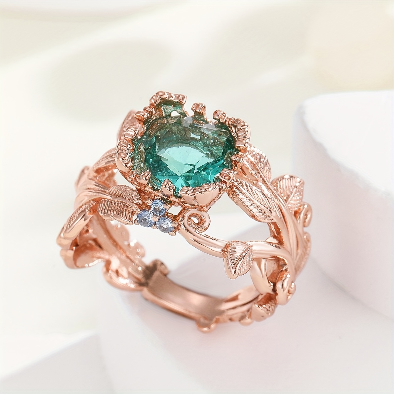 Leaf Shaped Copper Ring with Sparkling Synthetic Zirconia