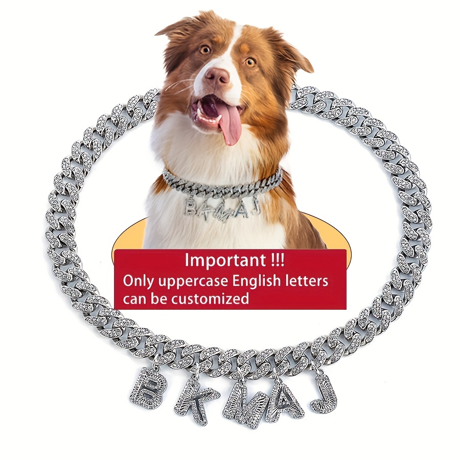 TEMU [custom] Customizable Small To Large Pet Shiny Rhinestone Cuban Chain Collar With Personalized Name Tag Letter Pendant Durable Safety