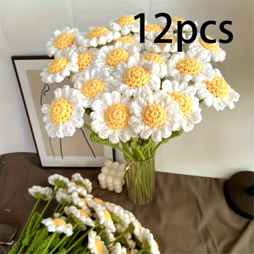 TEMU 12 Small Daisy Hand-woven Bouquet Chamomile Wool Crochet Flowers Artificial Flowers For Girlfriends And Gifts Finished Artificial Flowers