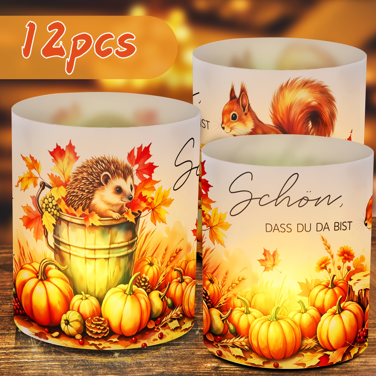 TEMU 12er Set Herbst Wasserfarben-Stil Kerzenlampenschirme mit dem Slogan " Good That You'Re Here!", Dekoriert mit Igel und Eichhörnchen. Sie eignen