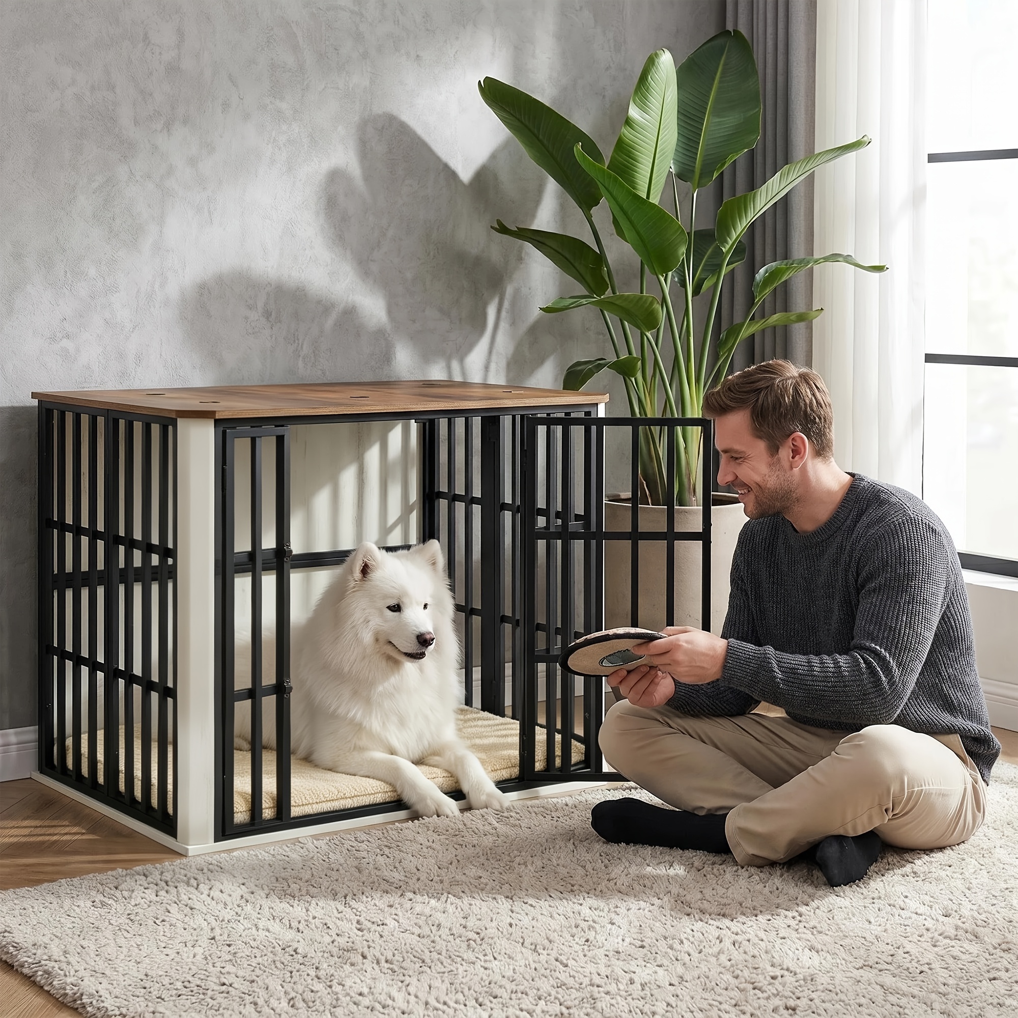 Large 85cm Suitable For Medium Dogs Furniture-style Dog Crate With Multi-door Storage & Wood Frame - Retro Suitable For Decor Kennel, Space- Crate For Puppies, Modern Pet Enclosure For Organization