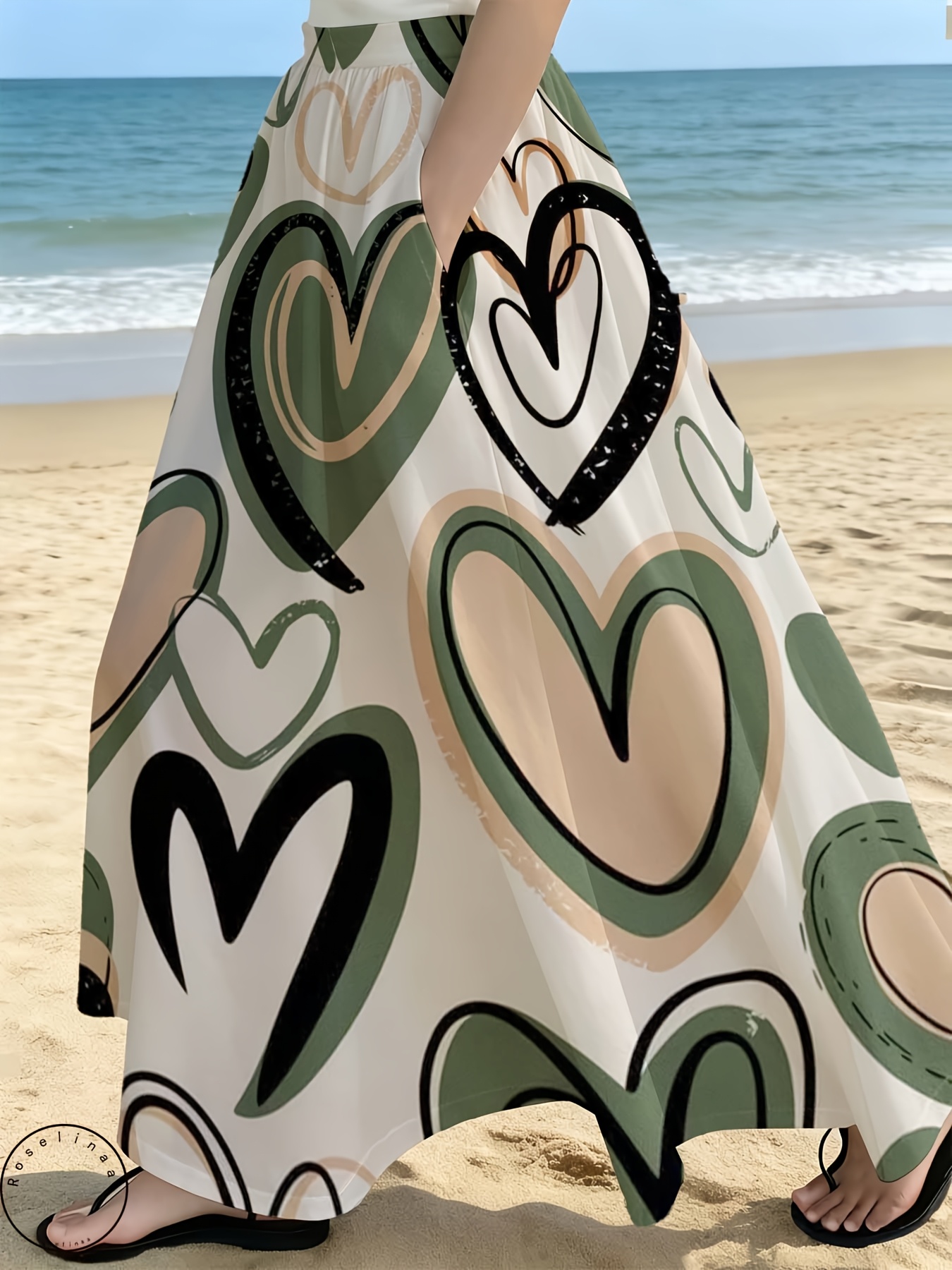 womens high waisted maxi skirt abstract heart print olive green black beige artistic pattern beach   flowy comfortable summer wear