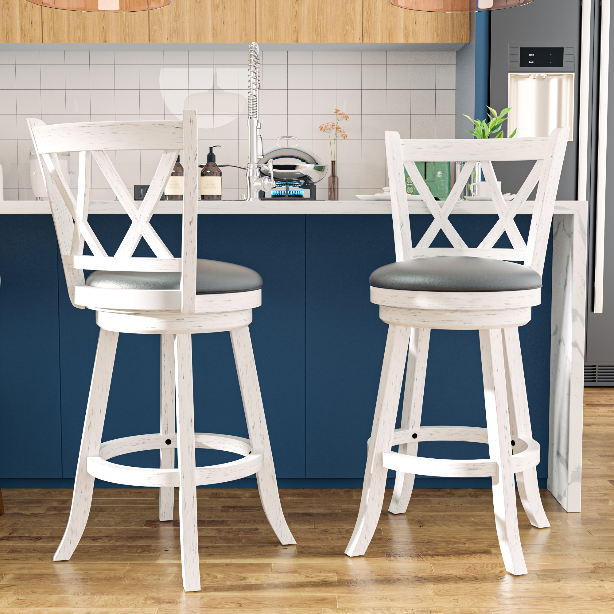 TEMU 2 Set Of High Back Swivel Counter Stools, Counter Height Swivel Bar Stools With Upholstered Seat & Solid Wood Footrest, Stylish Bar Chairs For Kitchen & Pubs