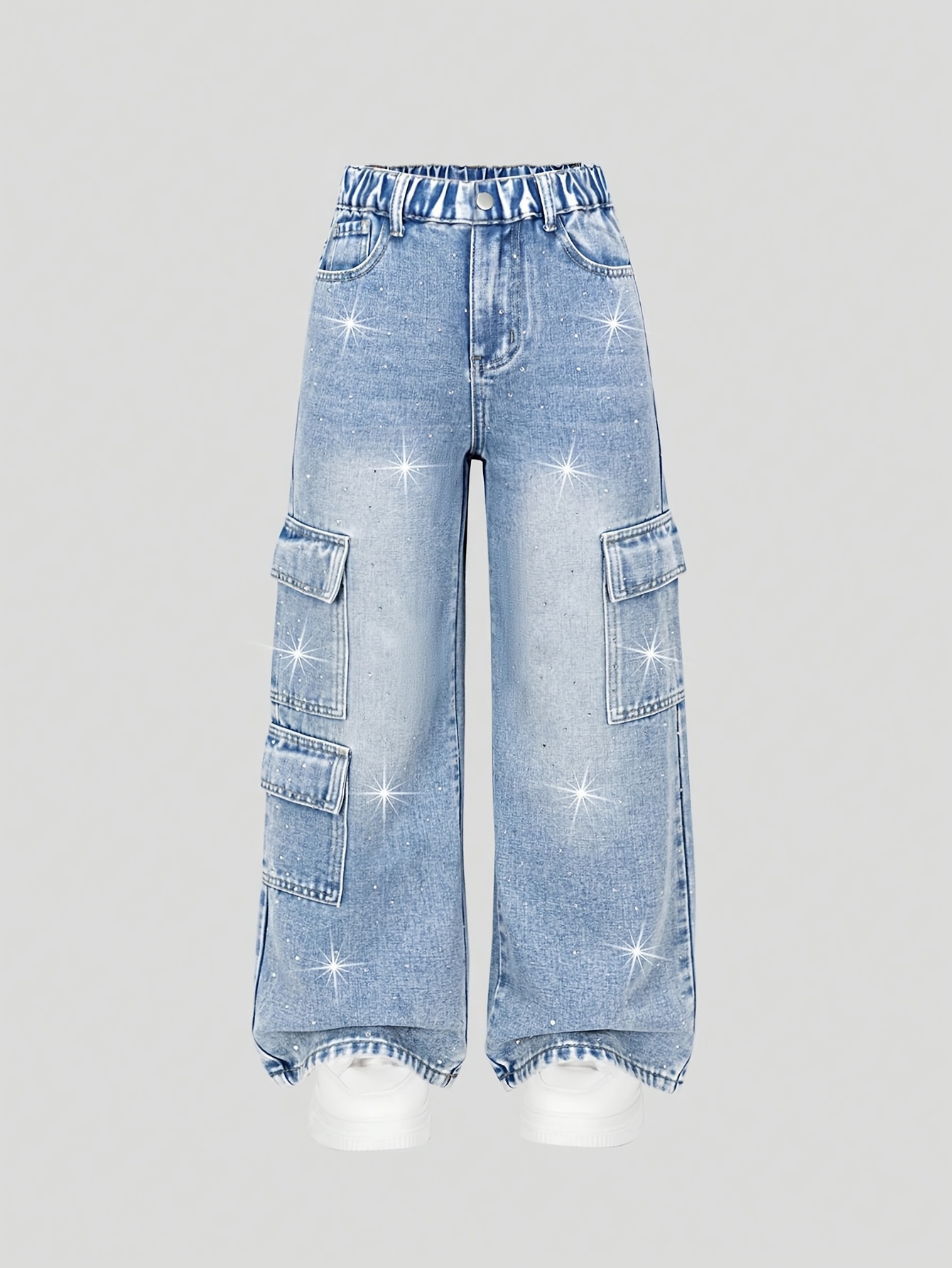 teen girls y2k cargo   denim   denim   detail high waist elastic loose fit multi pocket baggy pants casual streetwear daily   outfit