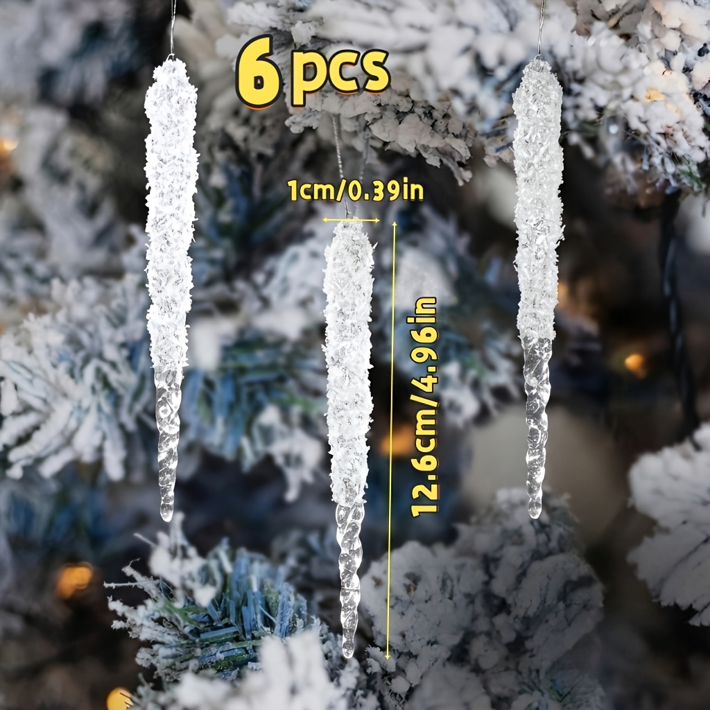 TEMU 6pcs Christmas Icicle Hanging Ornaments, Transparent Artificial Crystal Pendants, 5-inch Frosted Artificial Icicles, Winter Snow Scene Themed