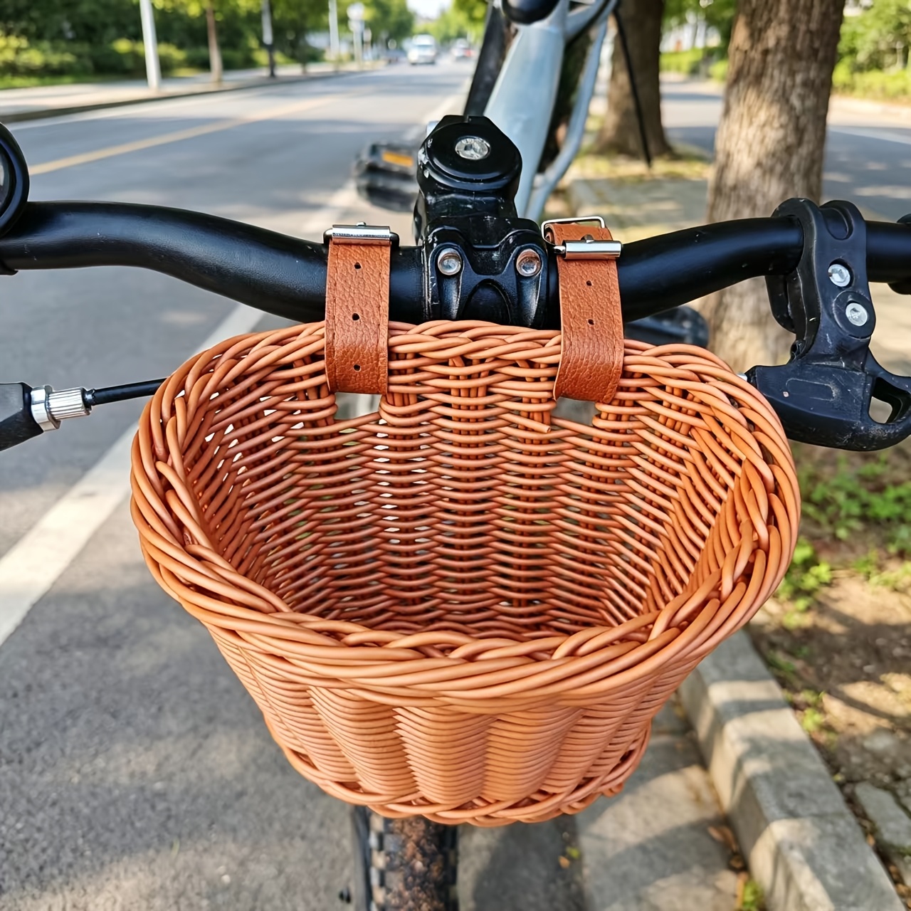 TEMU 수제 핸드메이드 자전거 바구니 레트로 가죽 스트랩 앞 바구니