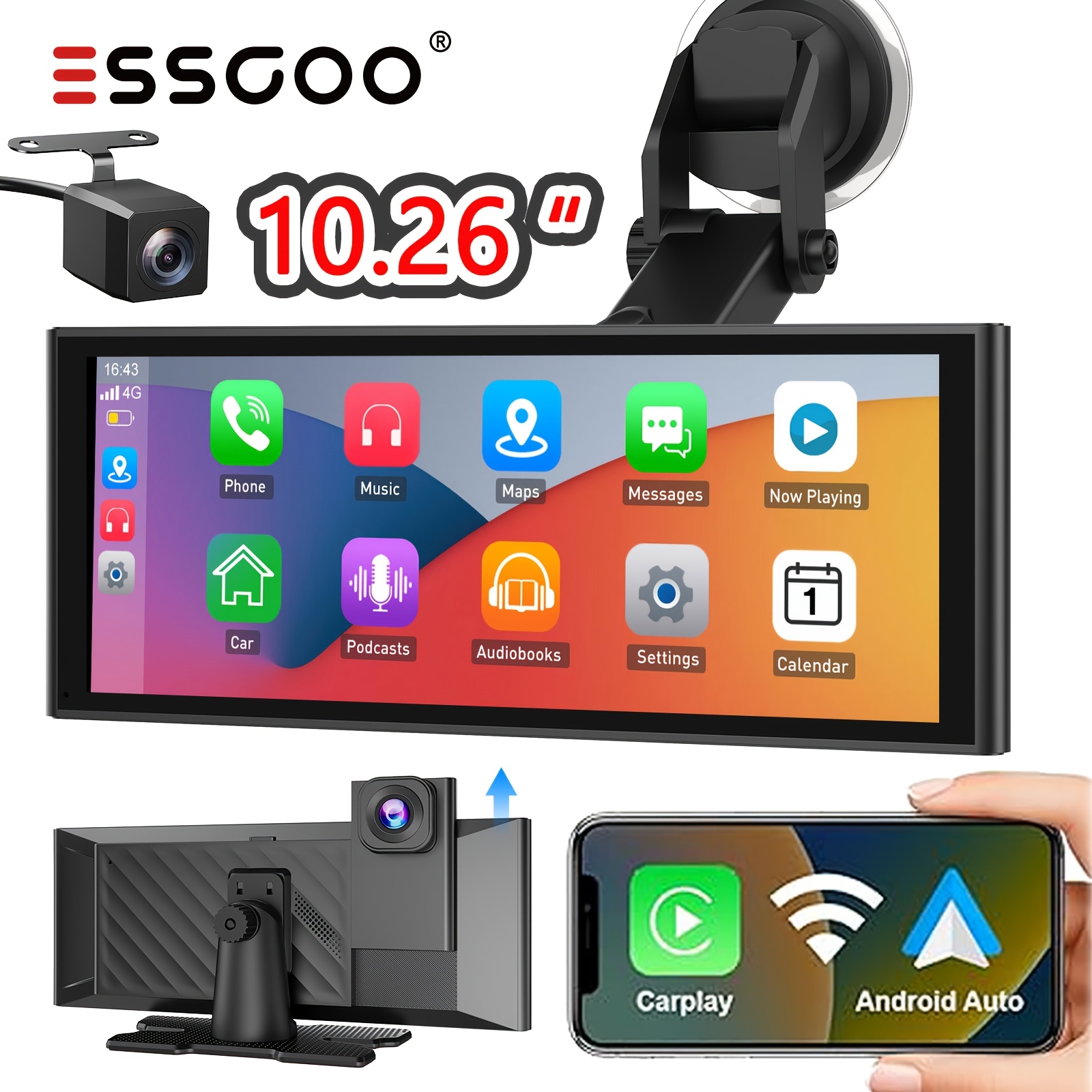 Image of Essgoo 10.26 Inch Wireless Car Stereo Compatible With Auto And Carplay, Featuring A Built-in 4k Front Camera And 1080p Rear Camera, Ips Touchscreen, , Split-screen Functionality, And A Portable Design
