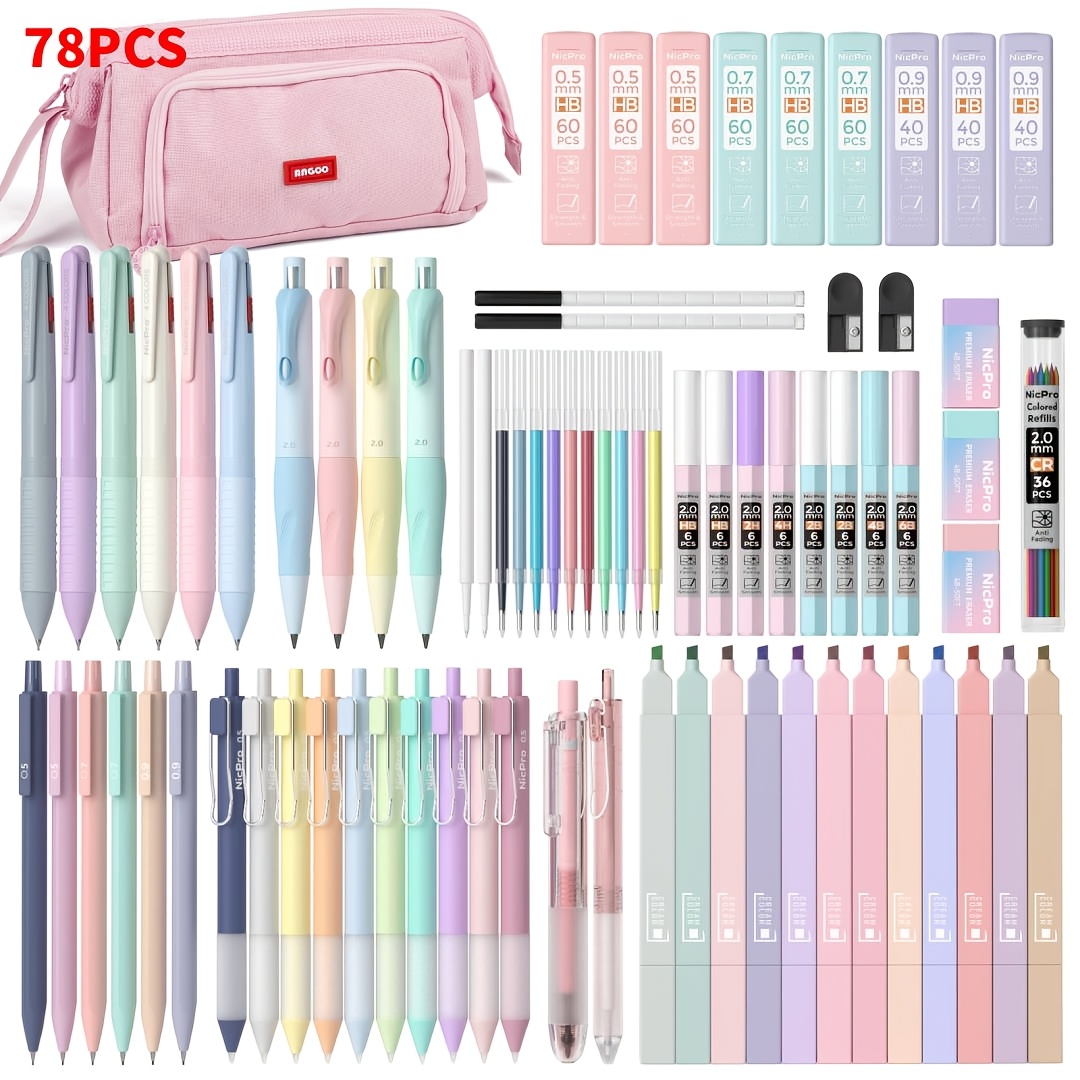 78pcs aesthetic school supplies with cute pen case 12 pastel highlighters 12 color black ink gel pens 10 mechanical pencils 0 5 0 7 0 9 2 0mm 6 ballpoint pen for student stationary