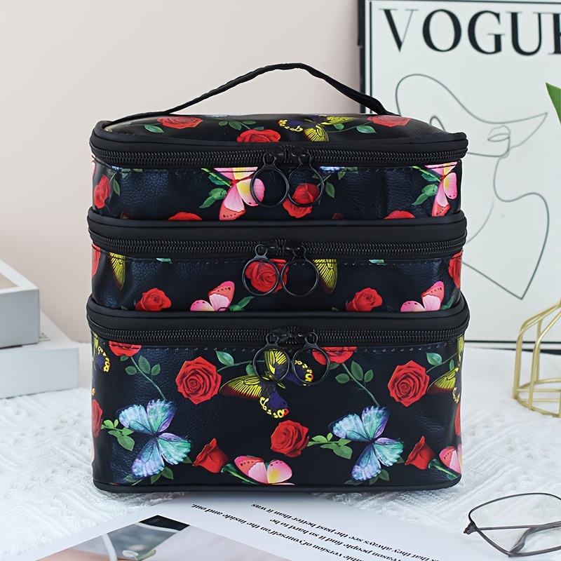 Image of [cosmetic Bag] Fashionable Large Capacity Rose Print 3-layer Compartment Organizer, Suitable For Classifying Small Items, Home Essential, Perfect Travel Companion