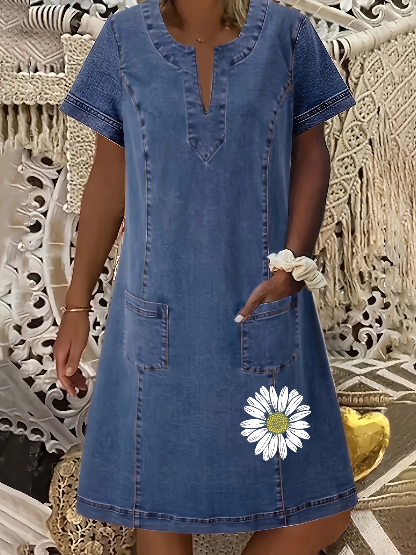 women's casual denim dress with v-neck