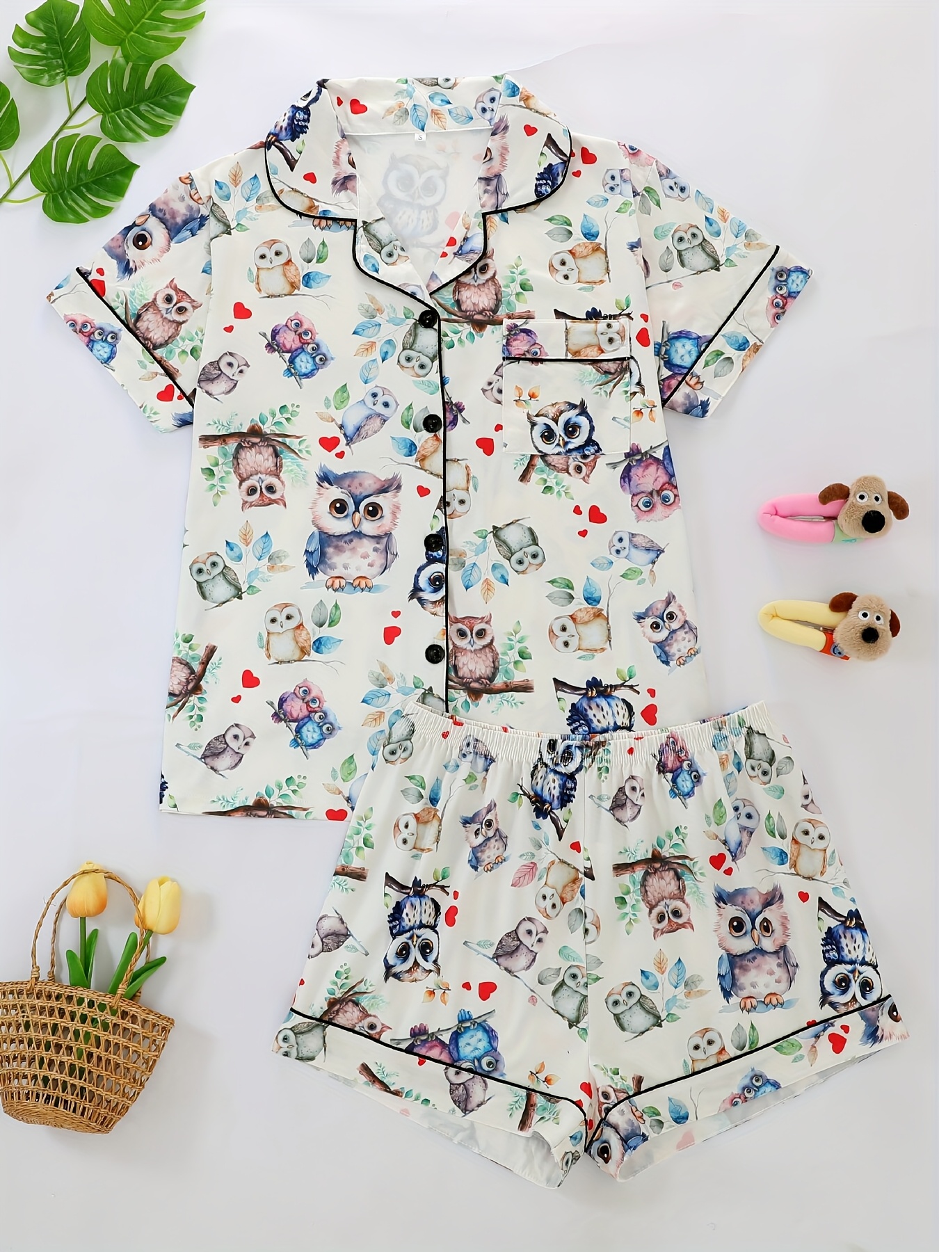 two piece pajama set with collared short sleeve open front shirt and loose elastic shorts   print pattern   wearable casual   womens sleepwear and loungewear outfit polyester fabric Product details 0