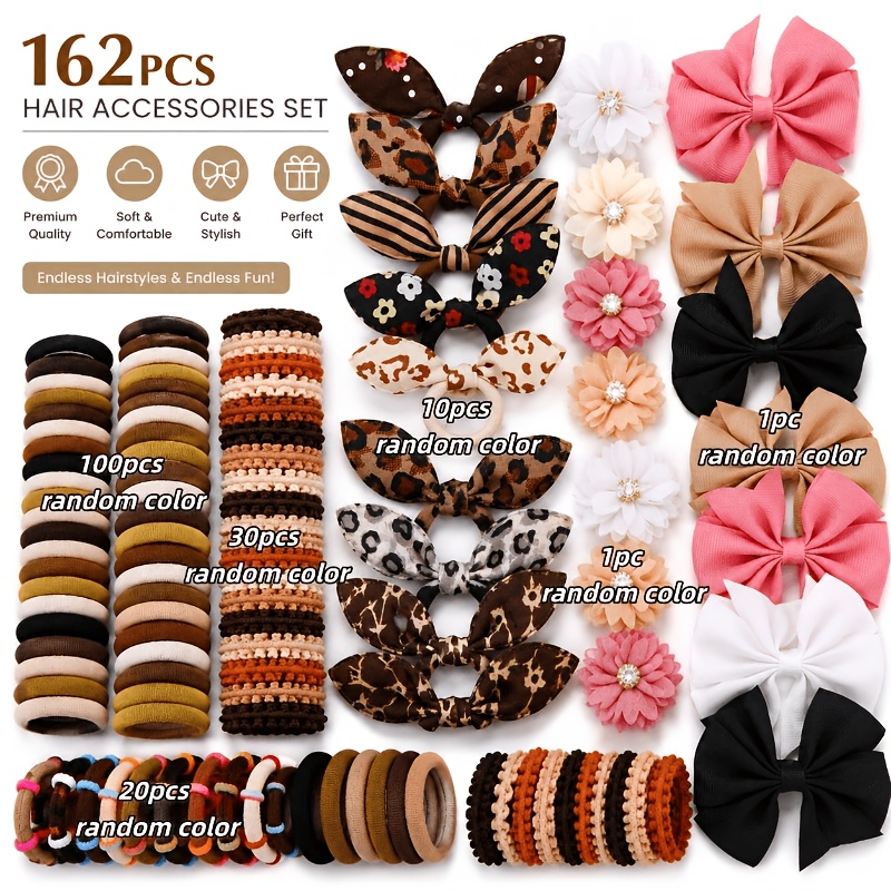 TEMU 162pcs Random Color Flower Bow Hair Ties And Hair Clips Set, High Elasticity Hair Bands For