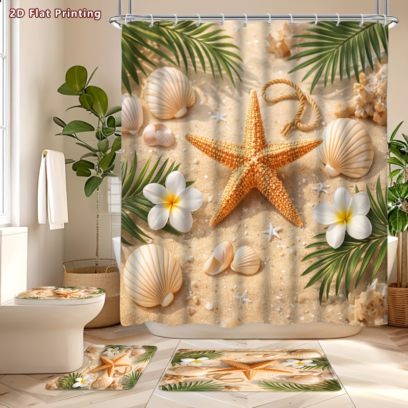 4pcs Summer Beach Shower Curtain Set with Bath Mat
