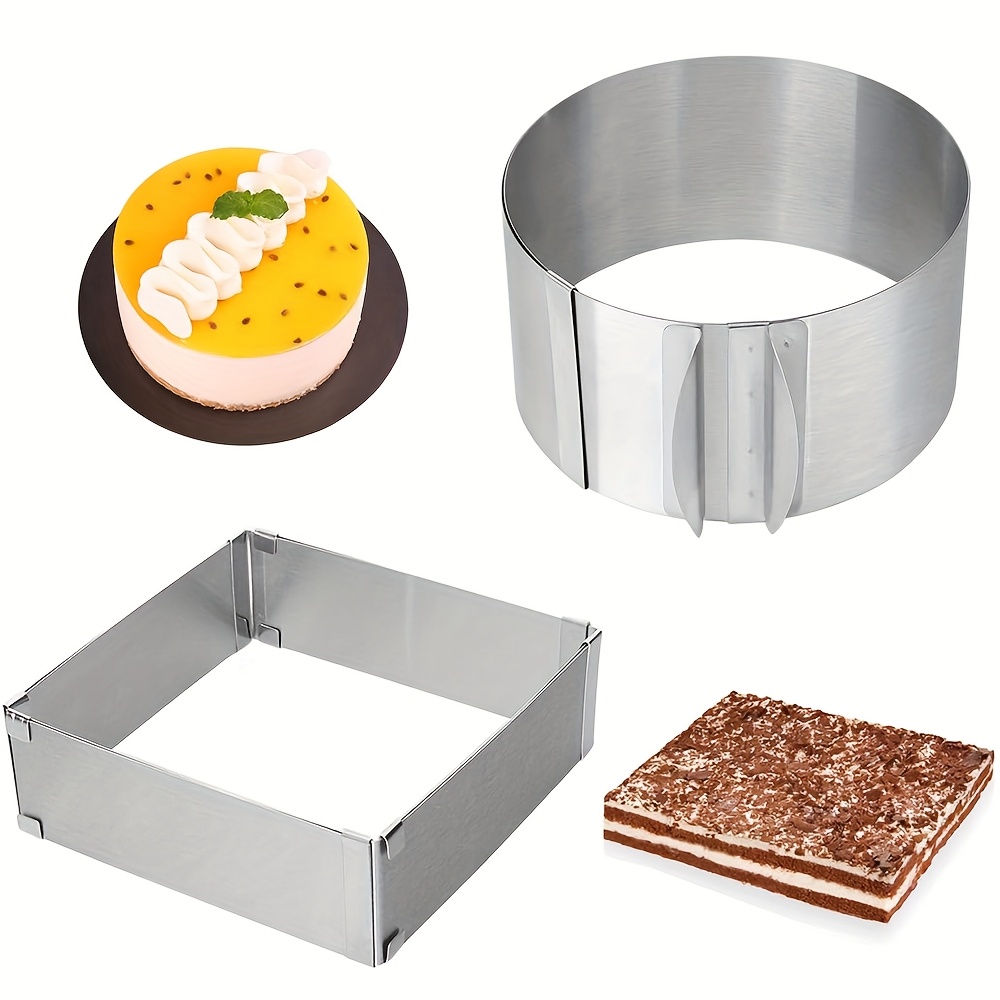2 Pack Cake Ring Mould With Scaling, Food-safe Stainless Steel Mold, Adjustable Baking Frame From 6-12inch, For Baking Cooking Eggs Pastry Mousse Desserts, 1pc Rectangular+1pc Round