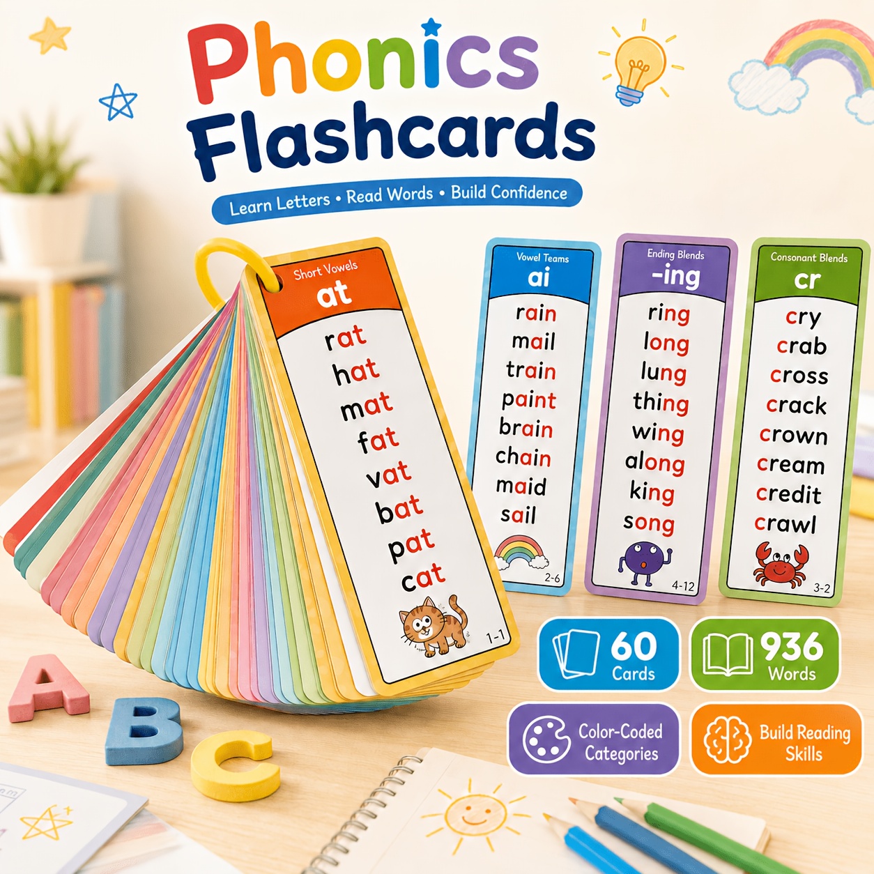 TEMU 60pcs Phonics English Flashcard Set, 936 Word Visual Spelling Cards, Covering 117 Sets Of Short , Vowel Combinations, Combinations, Word-final