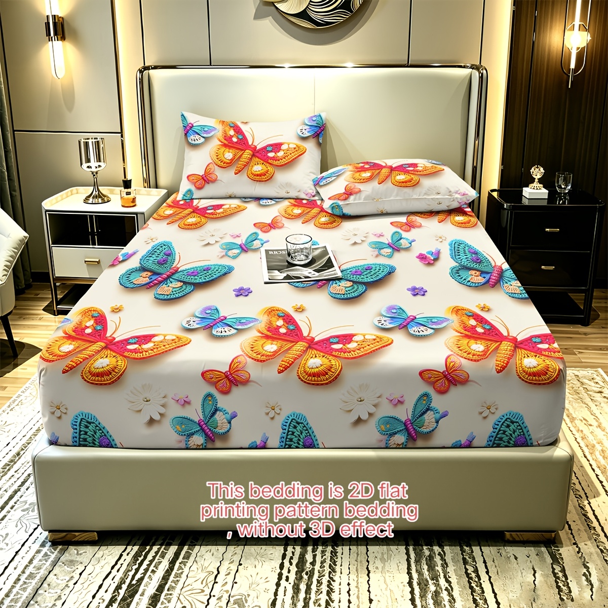 2D 3pcs Butterfly Floral Fitted Sheet Set: Dreamy, Luxurious Style 1 Fitted Sheet + 2 Pillowcases Without Pillow Core, High-Definition Digital Home Dormitory Print