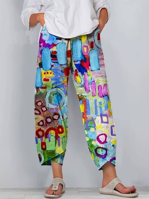 pantaloni da donna a stampa primaverili e autunnali - con un design astratto , una fascia in vita con tasche e una vestibilità perfetta per casual o abbigliamento outdoor. questi e pantaloni per lestate.