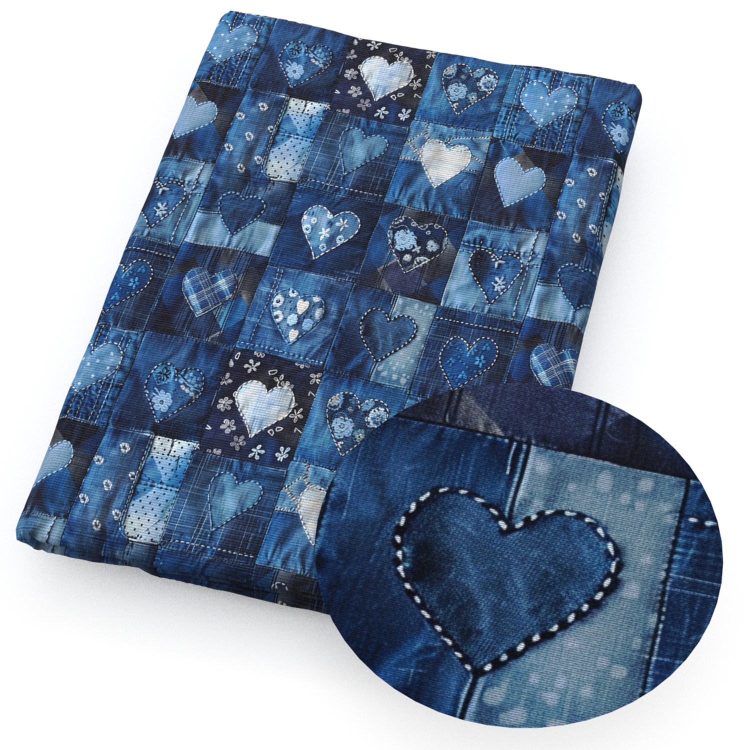 E-shop Herz-Rosen-Blumen-Denim-Muster Quiltstoff - 17,7x19,68 Zoll (45x50 cm) Polyester Bastelstoff DIY Valentinstag Handgemacht Vorgeschnitten für