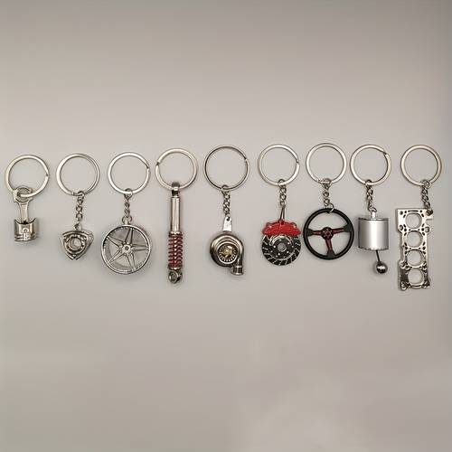 Artikelbild 9-teiliges auto-enthusiasten schlüsselanhänger-set - modische zinklegierung, inklusive schaltknauf, turbo, radnaben & mehr - geschenk für männer