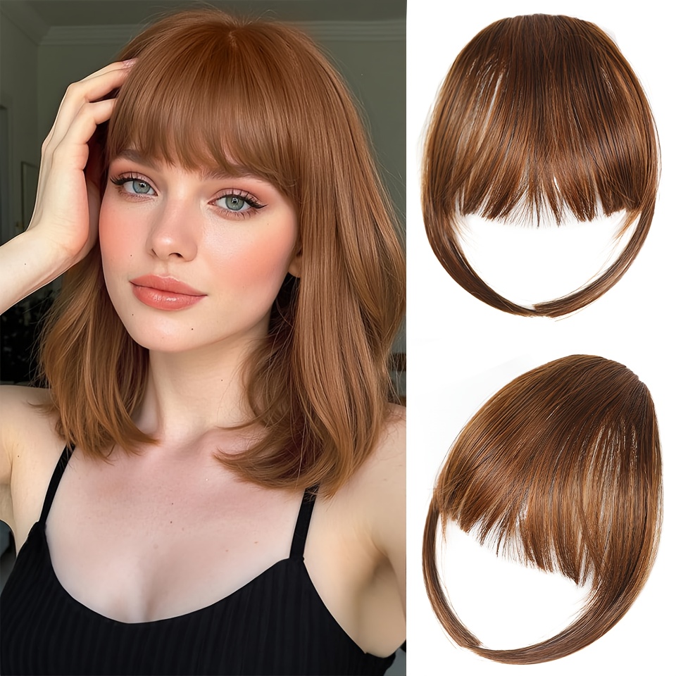 elegant clip in bangs for women natural looking     hair extensions in golden   black light brown high quality heat resistant synthetic fiber with temples for casual attire details 0