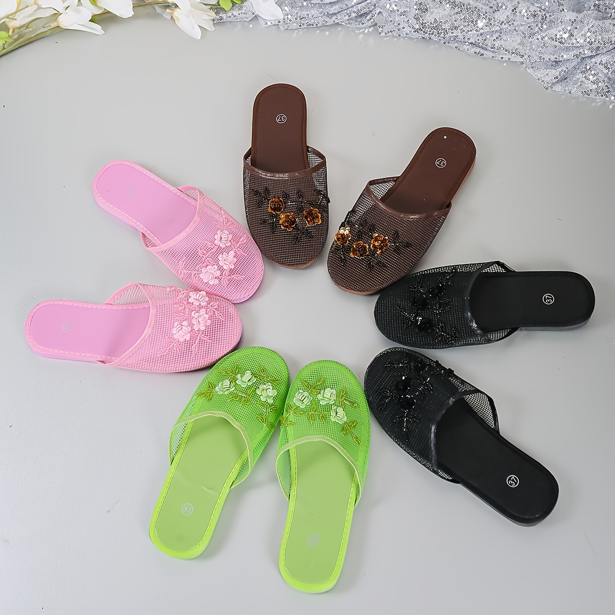 

Women's Fashion Beaded Floral Slides - Breathable Mesh, Lightweight Summer Indoor Shoes With Almond Toe & Eva Sole