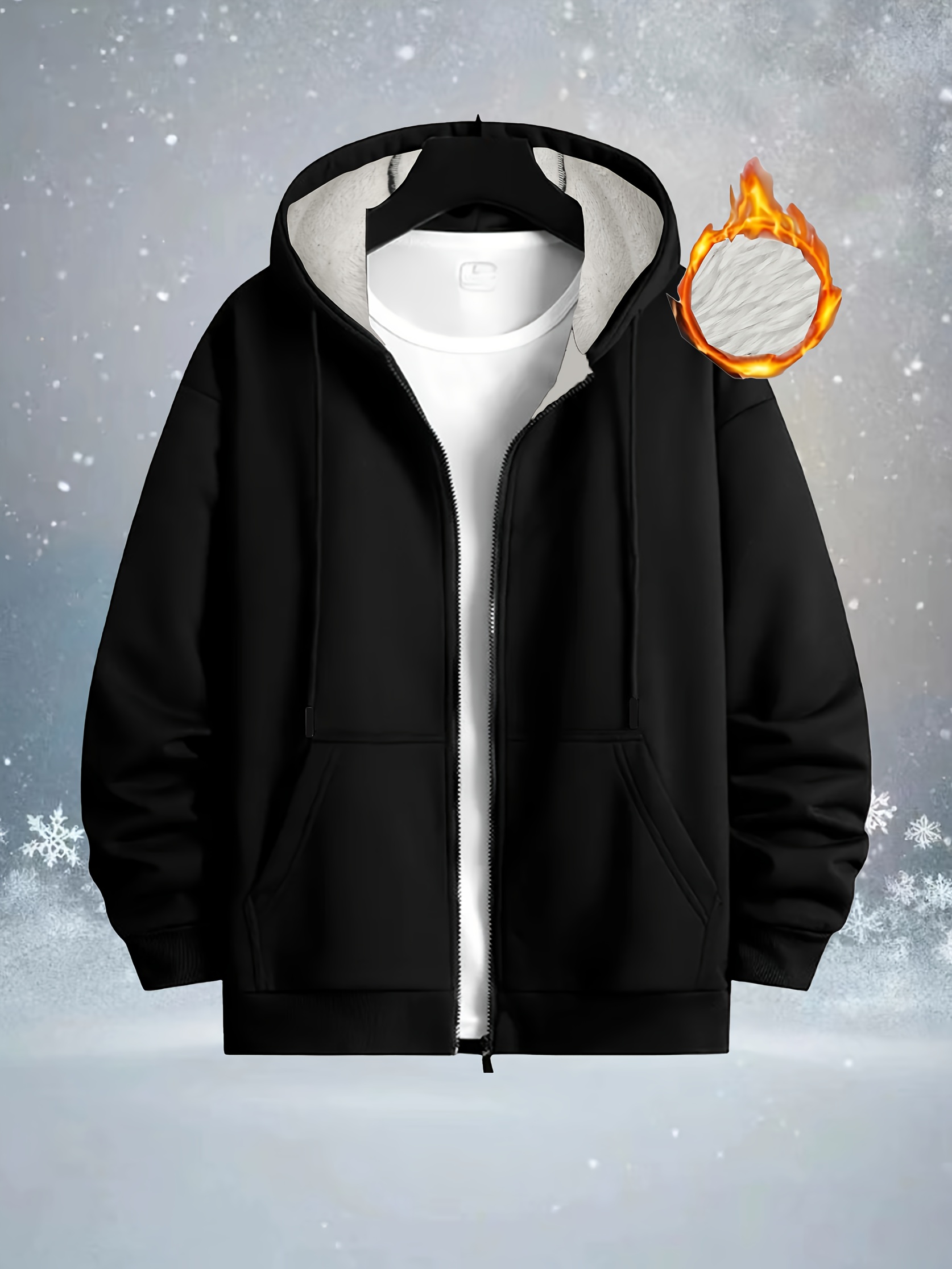 *'s Thermal-Lined Hooded Zip-Up Jacket Winter Warm Fleece-Lined Casual  Coat with Ribbed Cuffs, Machine Washable, Regular Fit for Cold Weather (Bla