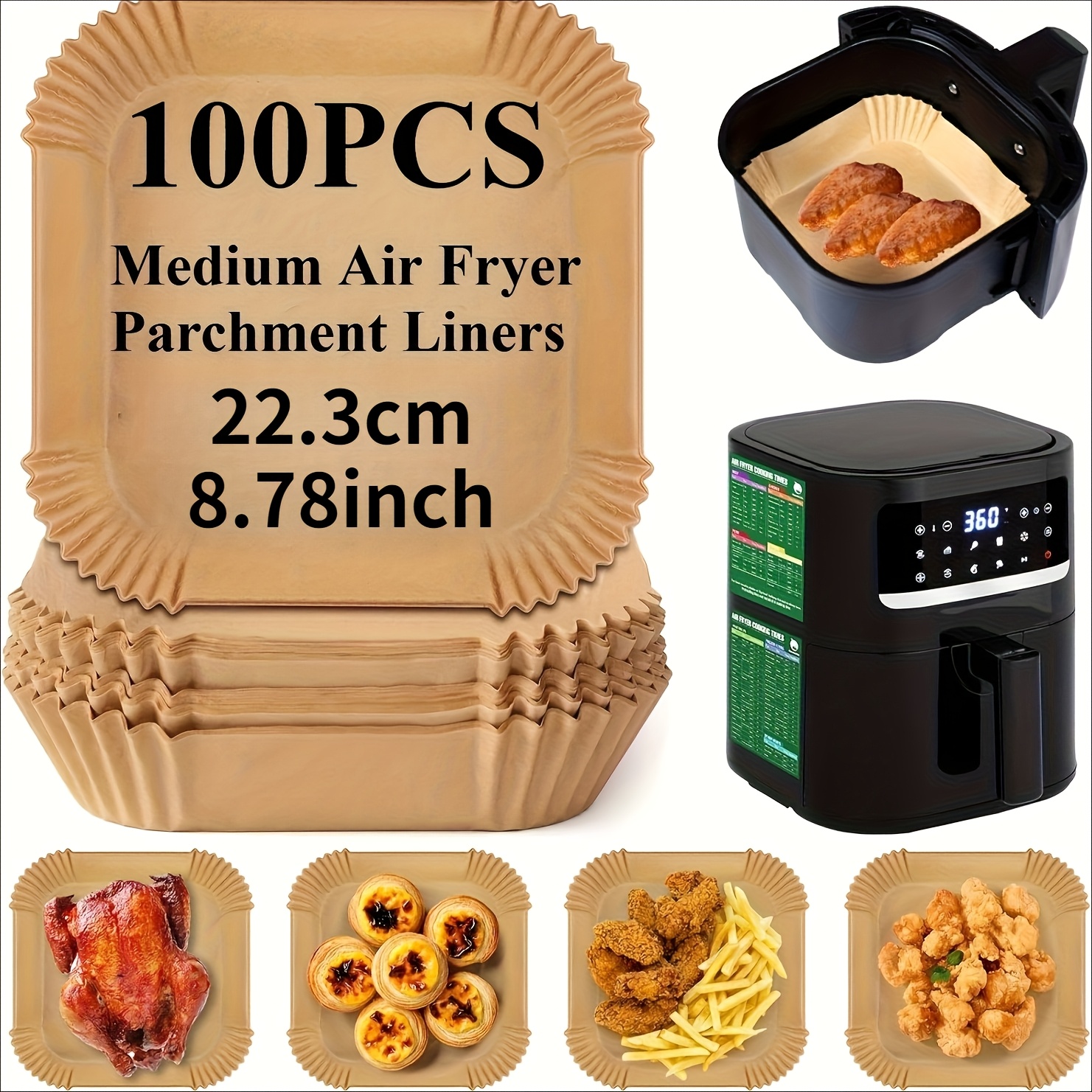 [espesado] 100 hojas de papel   para freidora de aire, horno, microondas,  , bordes ondulados, antiderrames, hojas para hornear   de pollo,   fritas, suministros para fiestas,   limpieza, accesorio   de cocina, forma cuadrada, material absorbente de aceite
