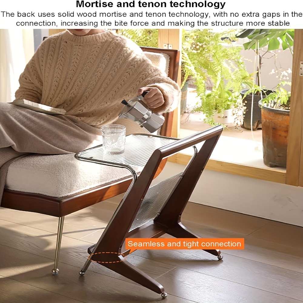 Black Z-Shaped End Table Featuring a Glass Top And Magazine Holder, Perfect As a Retro Accent Table Or a Small Coffee Table with Storage for Your Living Room Or Bedroom