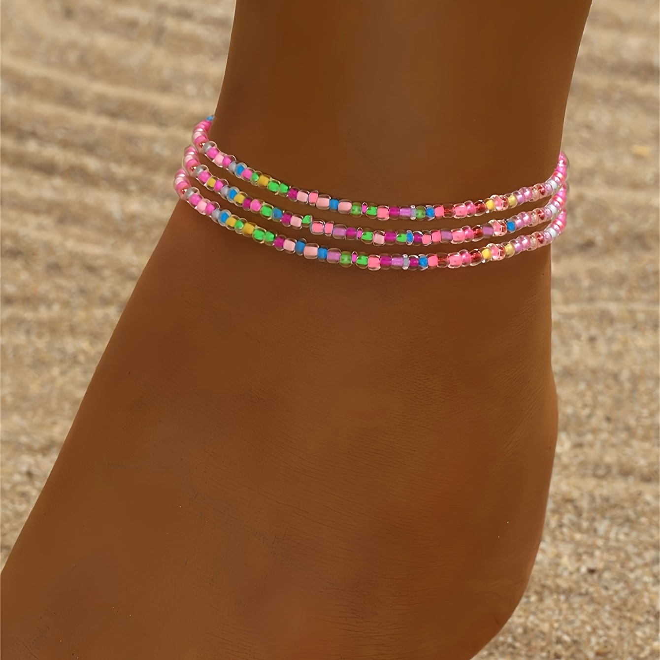 Image of 3pcs/set Colorful Mini Rice Beads Beaded Anklet Set Boho Style Summer Beach Anklet Bracelet Elastic Foot Jewelry For Women Vacation Decoration