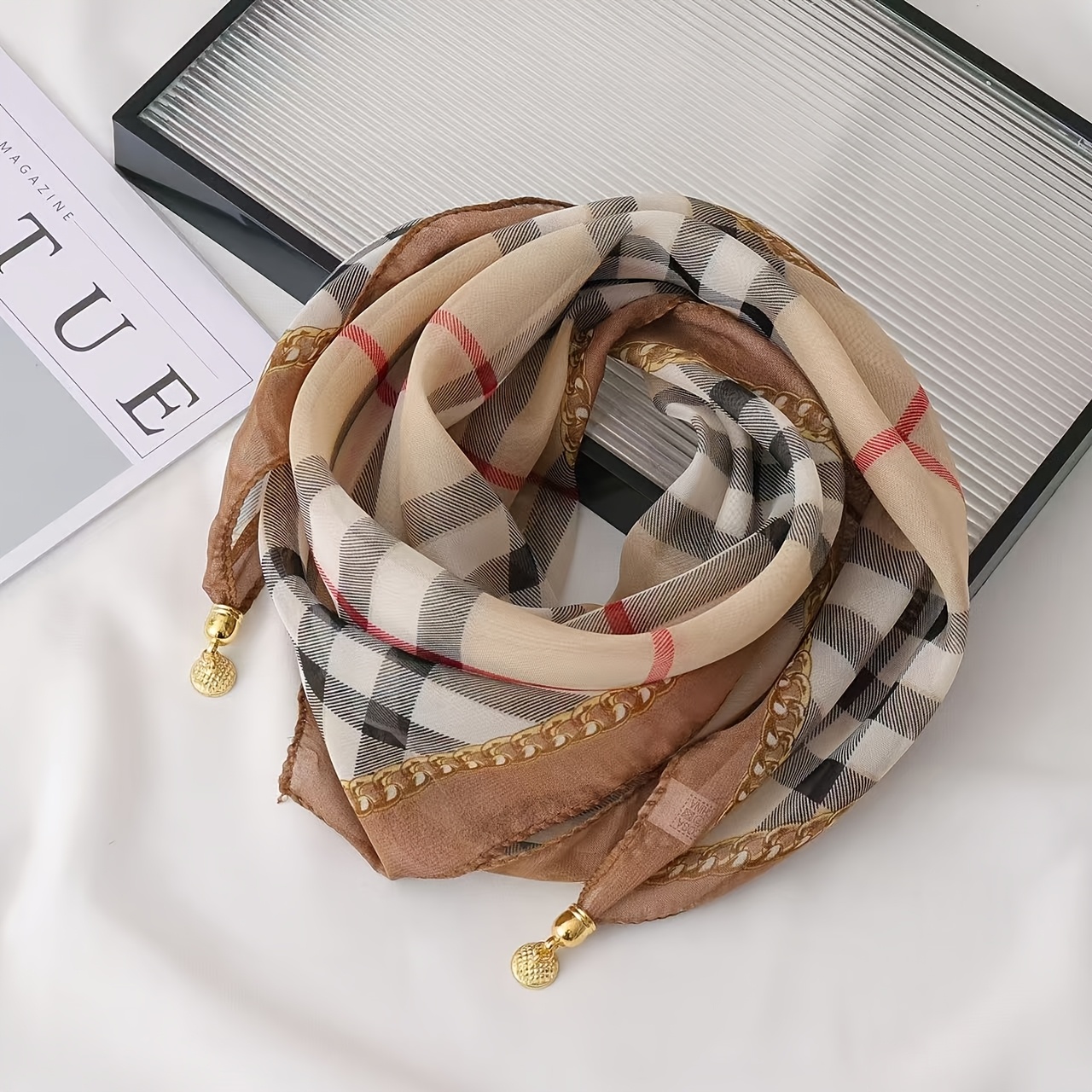 TEMU Women's Magnetic Scarf Suitable For - Lightweight Striped Collar With Magnetic Closure, 100% Polyester Non-elastic European Neck Wrap For Casual & Formal Outfits, Hand Washable Decorative Shawl