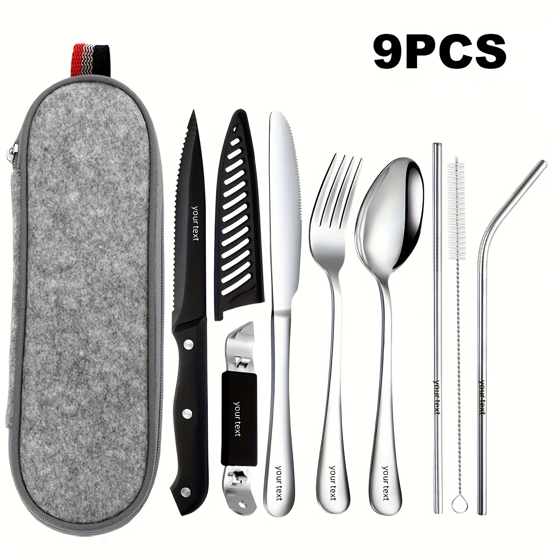 customize your text 9 10pcs black silvery stainless steel outdoor portable cutlery set travel camping set including knife   chopsticks cleaning brush straw bottle opener steak knife with knife   and not   damaged Product details 1