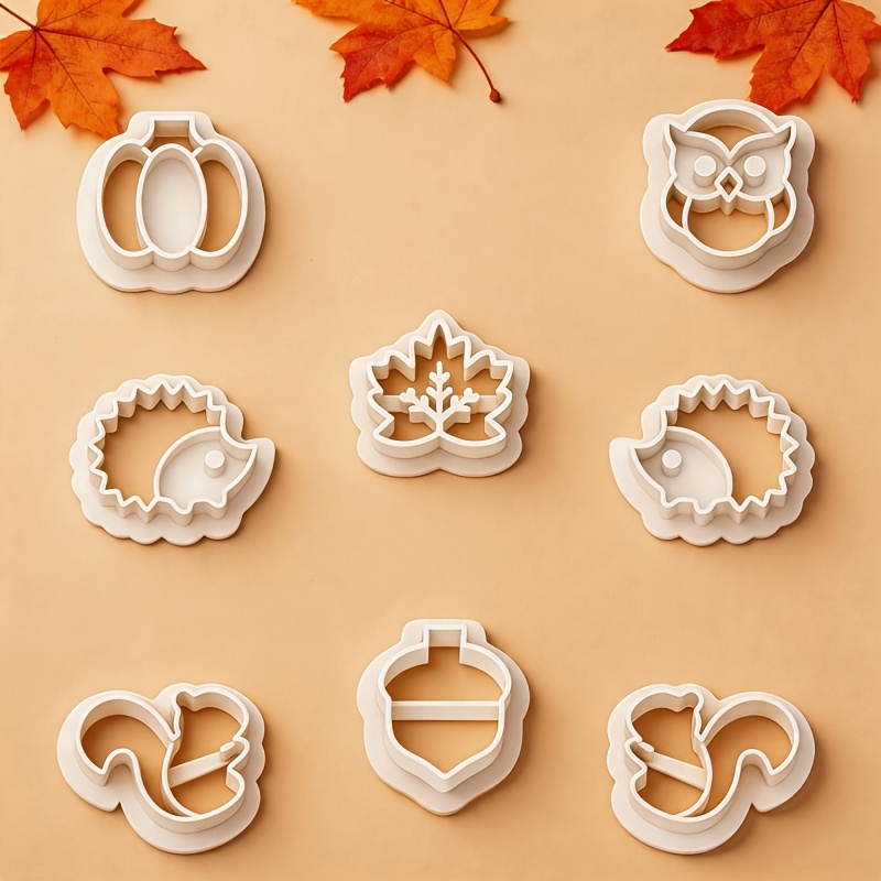 Image of 8pcs Autumn Themed Animal Plant Clay Cutting Molds | Jewelry Tools For Pumpkin, Maple Leaf, Owl, Squirrel, Hedgehog, Earrings And Pins | Perfect For Crafting Seasonal Jewelry With Soft Clay